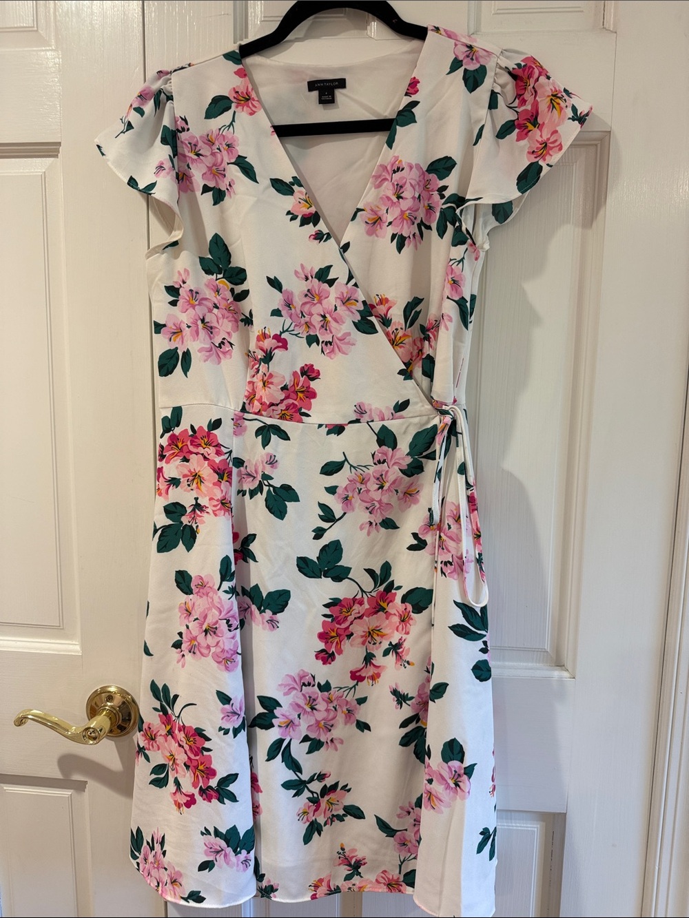 Ann Taylor White Wrap Midi Dress with Pink Floral Print